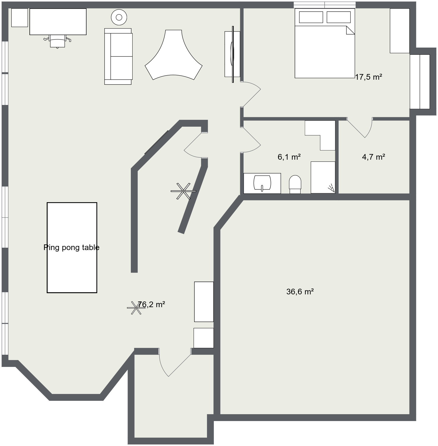 2D floor plan of the basement: a 76.2 square metre main room with a desk, sofa, lounge chair, TV wall and ping pong table, a 17.5 square metre bedroom, a 6.1 square metre bathroom, a 4.7 square metre storage room and a 36.6 square metre room.