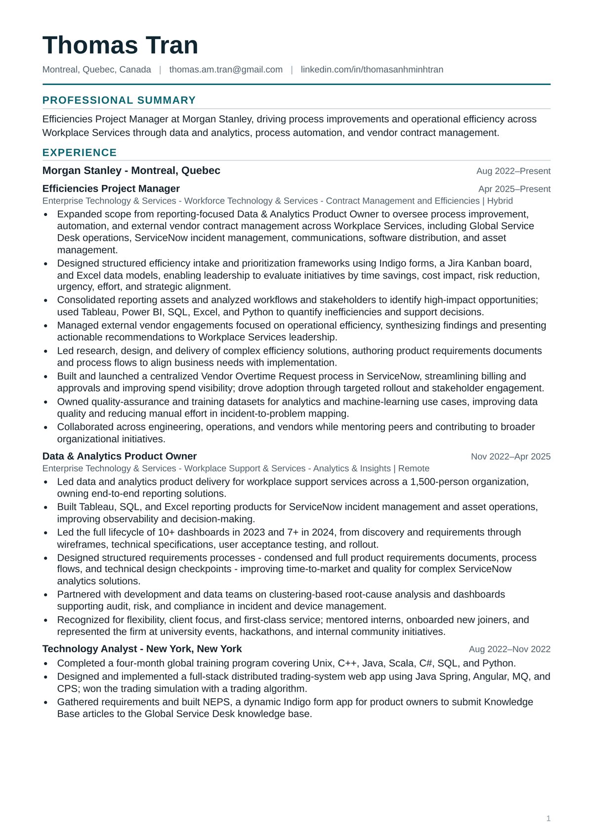 Thomas Tran's CV, page 1