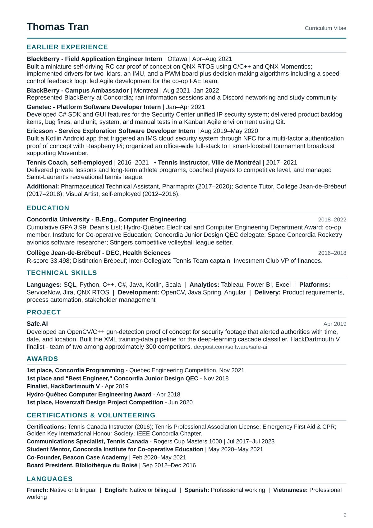 Thomas Tran's CV, page 2