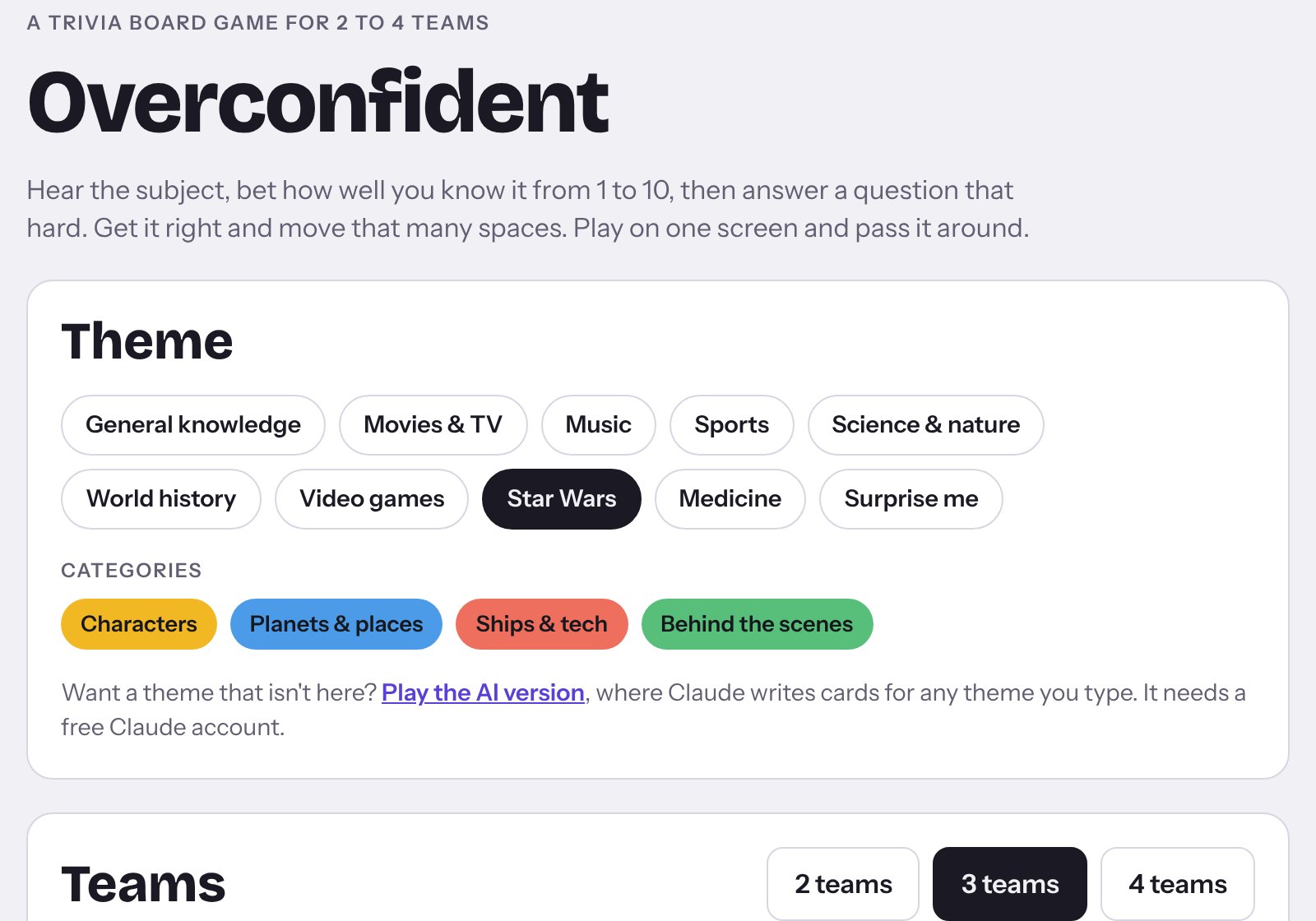 Overconfident setup screen with the nine themes and the Star Wars categories